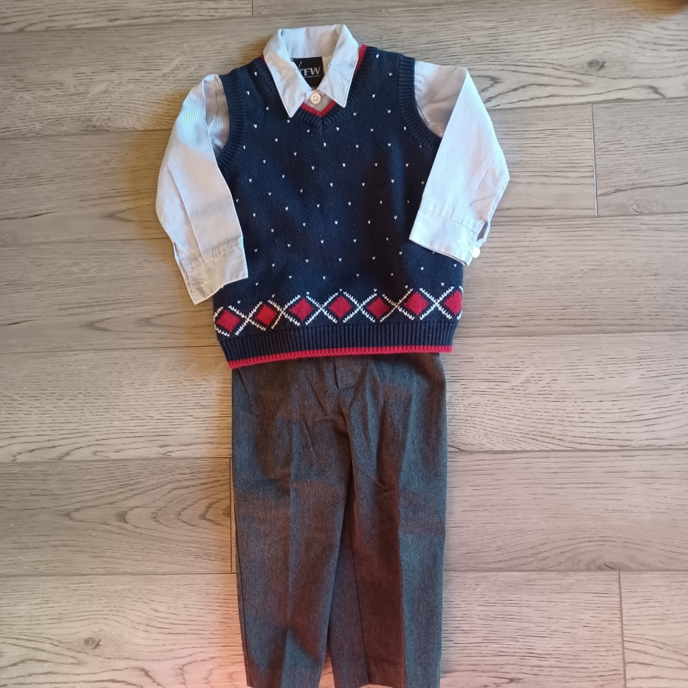 TFW 3 Piece Set 12 Months Pants, Button Down Shirt, Sweater Vest